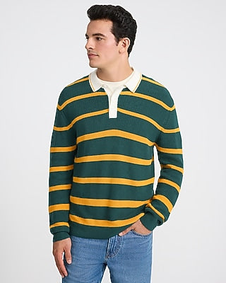Express Men's Varsity Striped Long Sleeve Sweater Polo in Green Small