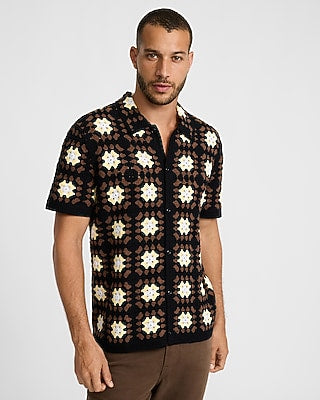 Express Men's Textured Crochet Floral Short Sleeve Sweater Polo in Brown