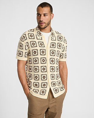 Express Men's Textured Crochet Natural Short Sleeve Sweater Polo in Neutral