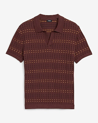 Express Men's Striped Textured Cotton Johnny Collar Sweater Polo in Rum Raisin