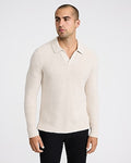 Express Men's Waffle Knit Johnny Collar Long Sleeve Sweater Polo in Oatmeal Heather
