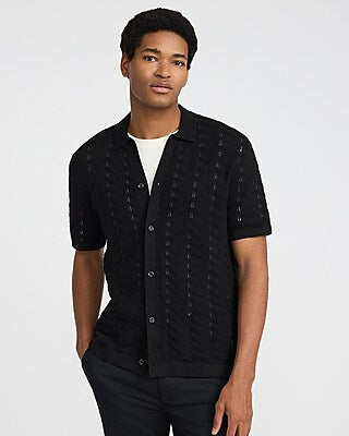 Express Men's Cotton Open Knit Zig Zag Sweater Polo in Black Small