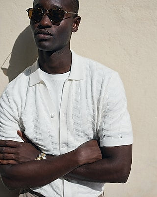 Express Men's Cotton Open Knit Zig Zag Sweater Polo in White Small