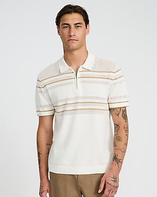 Express Men's Textured Open Knit Striped Cotton Quarter Zip Sweater Polo in White Small