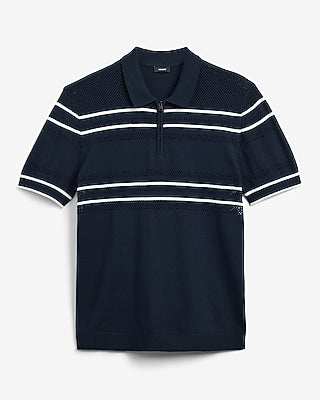 Express Men's Textured Open Knit Striped Cotton Quarter Zip Sweater Polo in Navy Blue