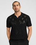 Express Men's Cotton Open Knit Diamond Johnny Collar Short Sleeve Sweater Polo in Pitch Black