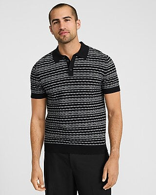 Express Men's Textured Striped Weave Cotton Sweater Polo in Black Small