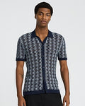 Express Men's Textured Zig Zag Cotton Open Knit Sweater Polo in Blue Small