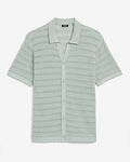 Express Men's Cotton Open Knit Stripe Short Sleeve Sweater Polo in Green Small
