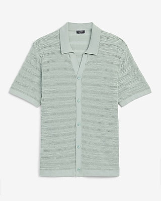 Express Men's Cotton Open Knit Stripe Short Sleeve Sweater Polo in Green Small