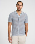 Express Men's Cotton Open Knit Stripe Short Sleeve Sweater Polo in Dusty Blue