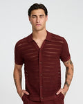 Express Men's Cotton Open Knit Stripe Short Sleeve Sweater Polo in Red Small