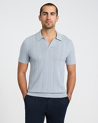 Express Men's Pointelle Open Knit Johnny Collar Sweater Polo in Dusty Blue