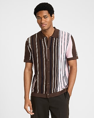 Express Men's Striped Cotton Snap Button Short Sleeve Sweater Polo in Chocolate