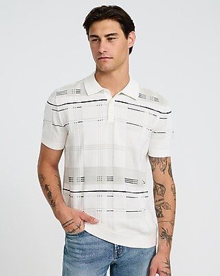 Express Men's Textured Asymmetrical Plaid Cotton Sweater Polo in White