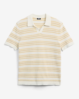 Express Men's Multi Striped Cotton Knit Johnny Collar Sweater Polo in White Small