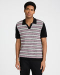 Express Men's Striped Ribbed Cotton Johnny Collar Sweater Polo in Pitch Black