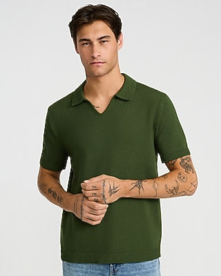 Express Men's Ribbed Johnny Collar Sweater Polo in Green Small