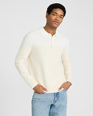 Express Men's Color Blocked Cotton Long Sleeve Sweater Polo in Chalk