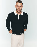 Express Men's Contrast Collar Long Sleeve Sweater Polo in Pitch Black