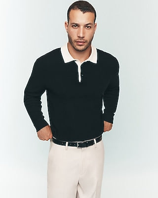 Express Men's Contrast Collar Long Sleeve Sweater Polo in Pitch Black
