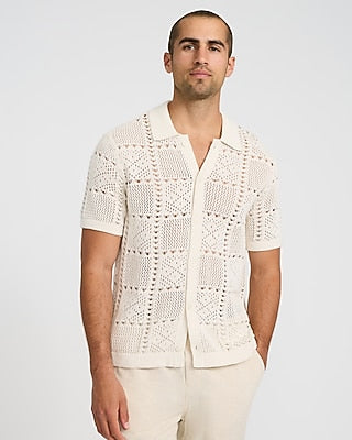 Express Men's Textured Crochet Cotton Short Sleeve Sweater Polo in White Small