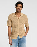 Express Men's Textured Crochet Cotton Short Sleeve Sweater Polo in Brown Small