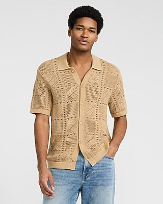 Express Men's Textured Crochet Cotton Short Sleeve Sweater Polo in Brown Small