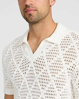 Express Men's Cotton Diamond Knit Johnny Collar Sweater Polo in Chalk