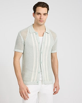 Express Men's Textured Cotton Open Knit Sweater Polo in Green Small