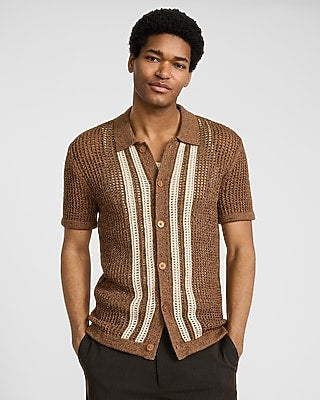 Express Men's Textured Cotton Open Knit Sweater Polo in Brown Small