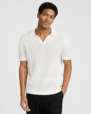 Express Men's Cotton Open Knit Pointelle Johnny Collar Short Sleeve Sweater Polo in Chalk