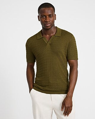 Express Men's Luxtouch Jersey Textured Johnny Collar Sweater Polo in Green Small
