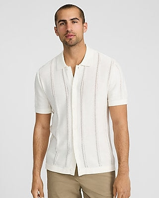 Express Men's Striped Pointelle Cotton Short Sleeve Sweater Polo in Chalk