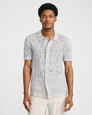 Express Men's Textured Floral Jacquard Cotton Sweater Polo in Gray Small