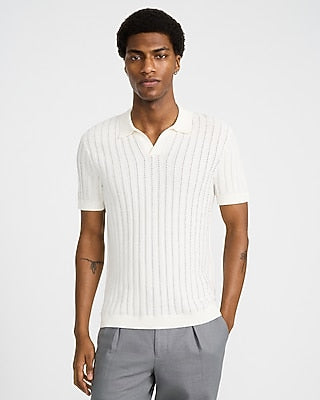 Express Men's Cotton Textured Striped Johnny Collar Short Sleeve Sweater Polo in White Small