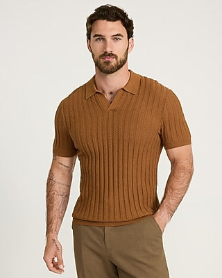 Express Men's Cotton Textured Striped Johnny Collar Short Sleeve Sweater Polo in Brown Small