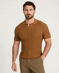 Express Men's Cotton Textured Striped Johnny Collar Short Sleeve Sweater Polo in Chestnut Brown