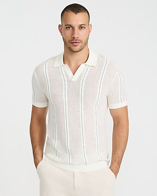Express Men's Striped Cotton Open Knit Johnny Collar Sweater Polo in Chalk