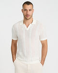 Express Men's Striped Cotton Open Knit Johnny Collar Sweater Polo in White Small