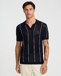 Express Men's Striped Cotton Open Knit Johnny Collar Sweater Polo in Blue Small