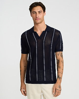 Express Men's Striped Cotton Open Knit Johnny Collar Sweater Polo in Blue Small
