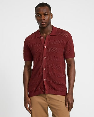 Express Men's Cotton Open Knit Striped Pointelle Sweater Polo in Red Small