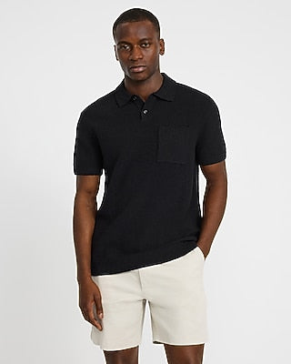 Express Men's Solid Textured Boucle Chest Pocket Sweater Polo in Black Small