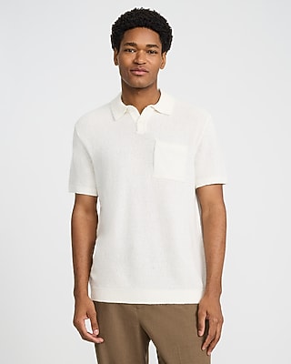 Express Men's Solid Textured Boucle Chest Pocket Sweater Polo in White Small