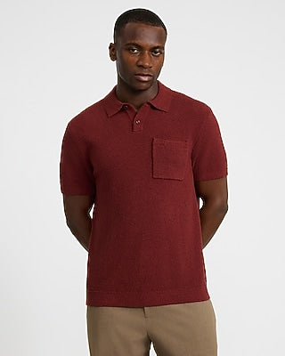 Express Men's Solid Textuin Red Boucle Chest Pocket Sweater Polo Small