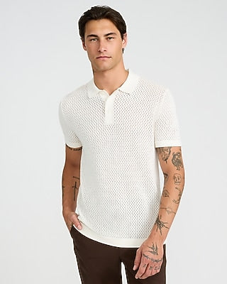 Express Men's Cotton Open Knit Pointelle Sweater Polo in Chalk