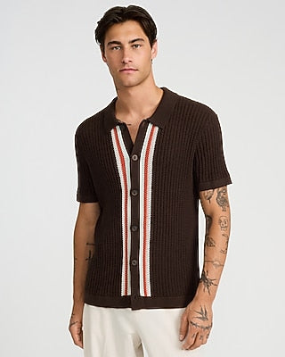 Express Men's Textured Ribbed Cotton Striped Sweater Polo in Brown Small
