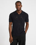 Express Men's Geo Open Knit Johnny Collar Short Sleeve Sweater Polo in Black Small