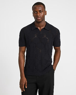 Express Men's Geo Open Knit Johnny Collar Short Sleeve Sweater Polo in Black Small